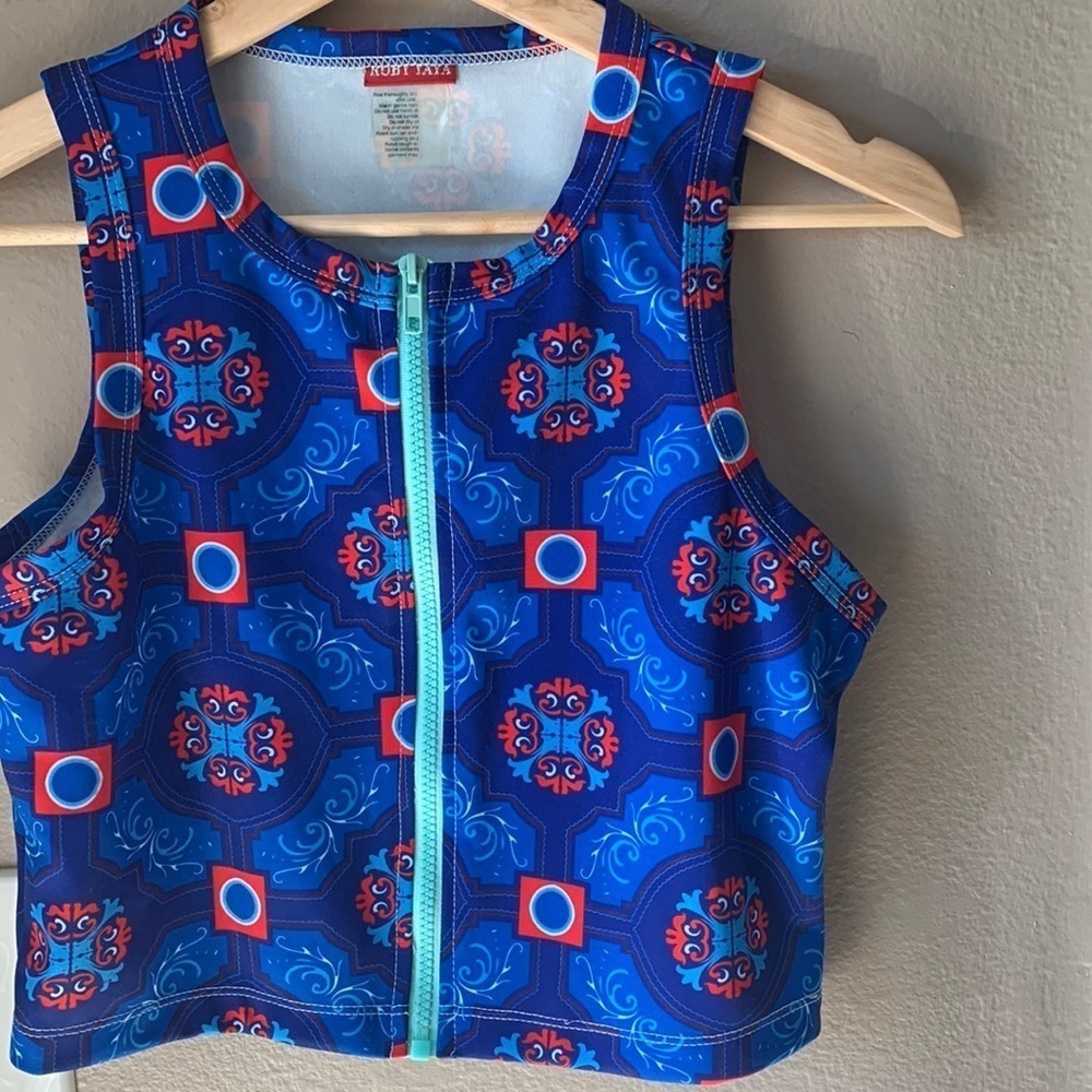 RUBYYAYA Blue Zip Up Cropped Swim Top